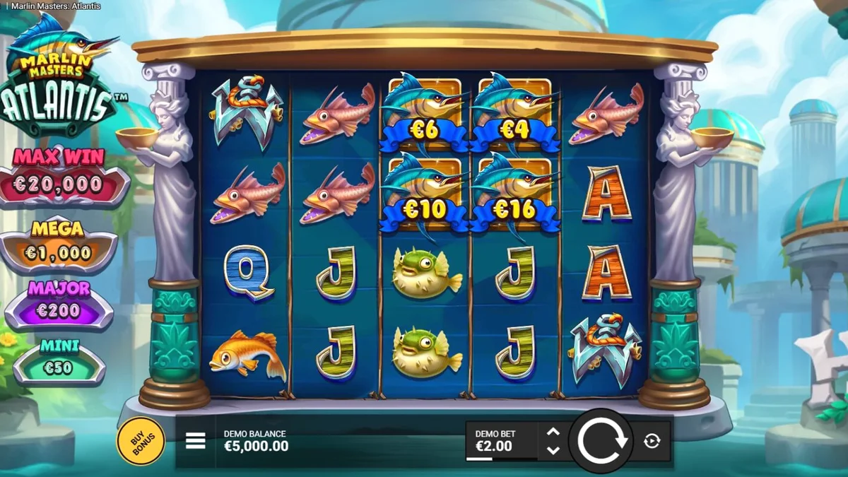 Marlin Masters Atlantis slot gameplay showing the mythical sunken city and trident-wielding fisherman.