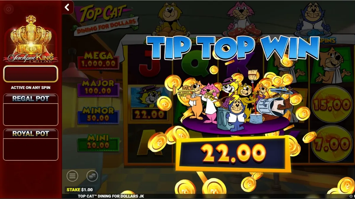 Tampilan layar utama slot Top Cat Dining For Dollars dengan karakter kucing ikonik di meja makan.